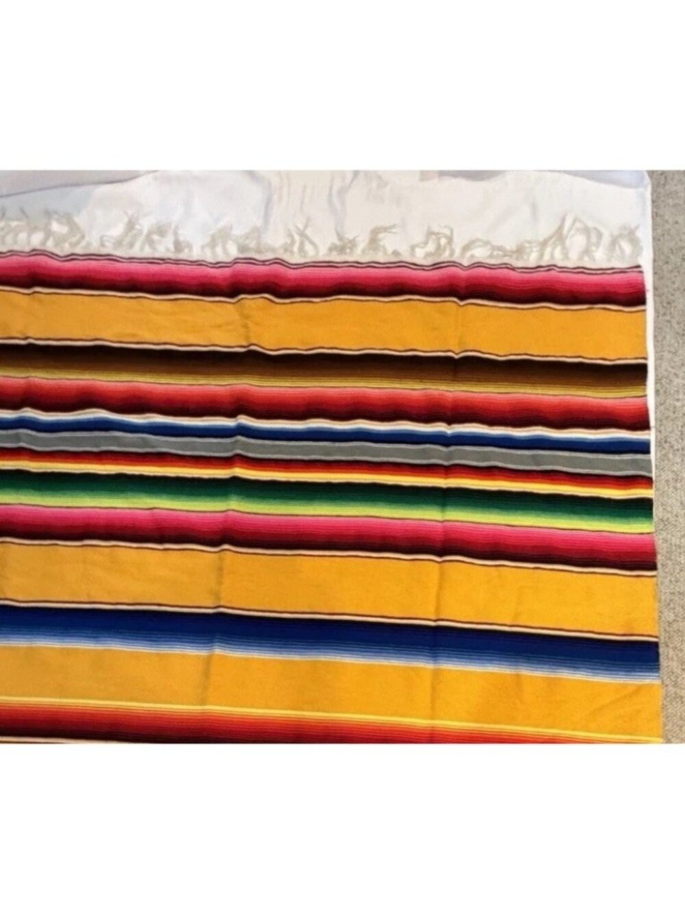 Vintage 80s Yellow Mexican Serape Blanket Colorful Stripes Boho Fringe 82" x 60 - Picture 10 of 16